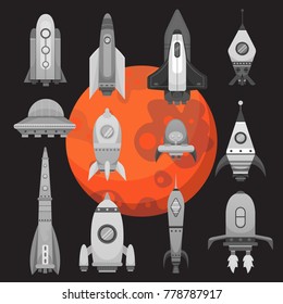Rocket ship in cartoon style. New Businesses Innovation Development Flat Design Icons Template. Space ships illustrations set.