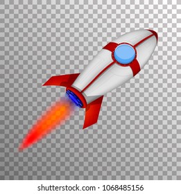 Rocket Ship in a Cartoon Style.Vector illustration with 3d Rocket o Transparent Background. Good for Site Header, Poster, UI, Onboarding screens.