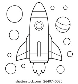 Rocket ship coloring page for a space exploration theme with stars and planets in illustration