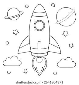 Rocket ship coloring sheet showing stars and planets in a fun and creative space illustration