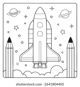 Rocket ship drawn in simple line art floating in space with stars for kids illustration