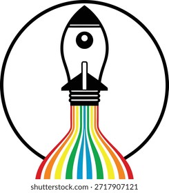Un cohete que emerge de una bombilla con senderos de colores del arco iris que simbolizan la creatividad y la innovación