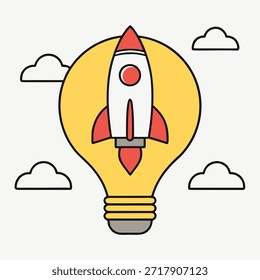 Cohete que emerge de una bombilla amarilla con nubes alrededor que simbolizan ideas innovadoras y progreso