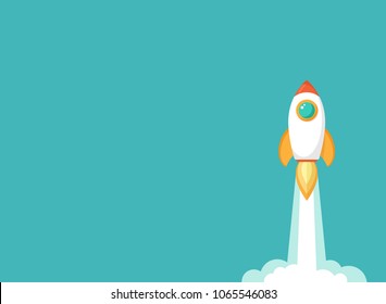 Rocket ship with fire and clouds. Isolated on powder blue. Flat icon. Vector illustration with flying shuttle. Space travel. Space rocket launch. New project start up concept. Creative idea.