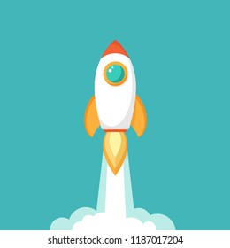 Rocket ship with fire and clouds. Isolated on powder blue. Flat icon. Vector illustration with flying shuttle. Space travel. Space rocket launch. New project start up concept. Creative idea.