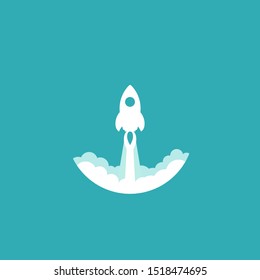 Rocket ship with fire and clouds. Isolated on powder blue. Flat icon. Vector illustration with flying shuttle. Space travel. Space rocket launch. New project start up concept. Creative idea.
