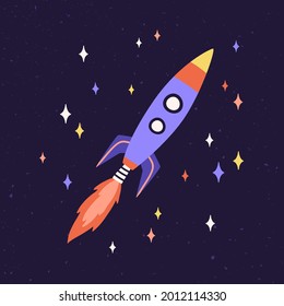 Rocket ship with fire flames from engine. Rocketship fly in outer space. Spaceship flying in cosmos. Missile flight. Childish galactic spacecraft. Colored flat vector illustration of cosmic shuttle