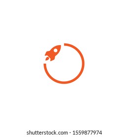 rocket ship with fire flying in the circle isolated on white. Flat line icon. Vector illustration with flying rocket. Space travel. Project start up sign. Creative idea symbol. 