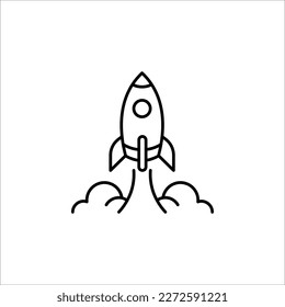 Lanzamiento de cohetes con icono de fuego. Icono del cohete volador. Viaje espacial. Inicio de sesión de proyecto en fondo blanco