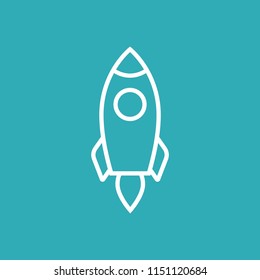 Rocket ship with fire. Isolated on blue. Flat line icon. Vector illustration with flying rocket. Space travel. Project start up sign. Creative idea symbol. 