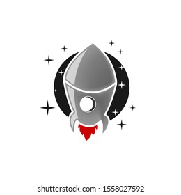 rocket ship with fire. Isolated on white. Flat icon. Vector illustration with flying rocket. Space travel. Project start up sign. Creative idea symbol