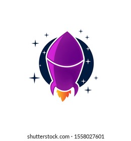 rocket ship with fire. Isolated on white. Flat icon. Vector illustration with flying rocket. Space travel. Project start up sign. Creative idea symbol