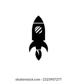 Rocket ship with fire. Isolated on white background. Flat icon. Vector illustration with flying rocket. Space travel. Project start up sign. Creative idea symbol. Black and white