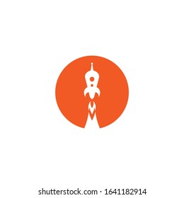 Rocket ship with fire in red circle isolated on white background. flying shuttle flat linear vector illustration. Space travel. Space rocket launch. New project start up concept. Creative idea