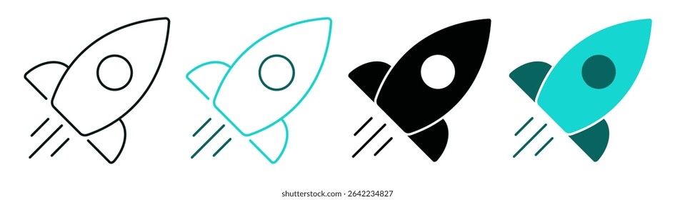 Rocket ship with fire symbol. Icon set. Space, Finance, technology, sales or start up business concept. Flying rocket sign for web and mobile app. White background. Editable vector stroke.