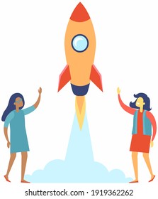 Rocket ship in flat style flies up. Happy women follow ship, wave hand. Project start up and development process. Innovation product, creative idea. Business management for new plan, forward control