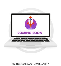 Rocket ship in flat style on a laptop. Coming soon. A space trip to the moon. Launch of space rockets. Project launch and development process. Innovation product, creative idea. Vector illustration