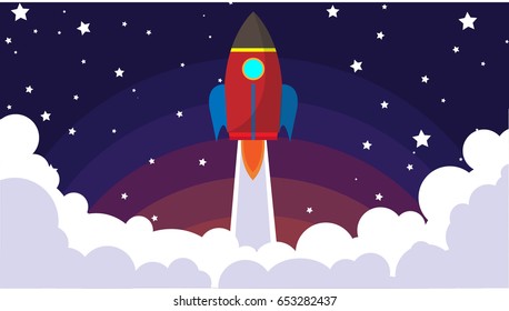Rocket ship in a flat style smoke.Vector illustration Space travel to the moon.Space rocket launch.Project start up and development process.Innovation product,creative idea