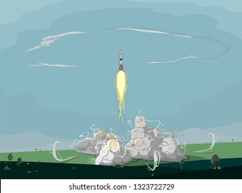 Rocket ship in a flat style. Space rocket launch with trendy flat style smoke clouds. Project start up and development process.Innovation product, creative idea. Management. Vector illustration. Flat 