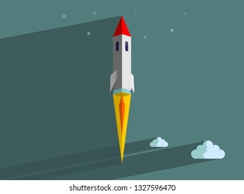 Rocket ship in a flat style. Space rocket launch with trendy flat style smoke clouds. Project start up and development process.Innovation product, creative idea. Management. Vector illustration. Flat 