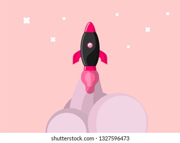 Rocket ship in a flat style. Space rocket launch with trendy flat style smoke clouds. Project start up and development process.Innovation product, creative idea. Management. Vector illustration. Flat 