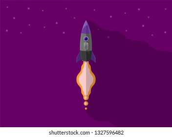Rocket ship in a flat style. Space rocket launch with trendy flat style smoke clouds. Project start up and development process.Innovation product, creative idea. Management. Vector illustration. Flat 