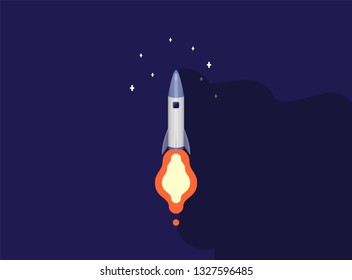 Rocket ship in a flat style. Space rocket launch with trendy flat style smoke clouds. Project start up and development process.Innovation product, creative idea. Management. Vector illustration. Flat 