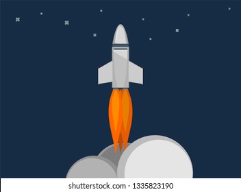 Rocket ship in a flat style. Space rocket launch with trendy flat style smoke clouds. Project start up and development process.Innovation product, creative idea. Management. Vector illustration. Flat 