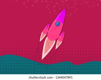 Rocket ship in a flat style. Space rocket launch with trendy flat style smoke clouds. Project start up and development process.Innovation product, creative idea. Management. Vector illustration. Flat 