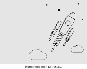Rocket ship in a flat style. Space rocket launch with trendy flat style smoke clouds. Project start up and development process.Innovation product, creative idea. Management. Vector illustration. Flat 