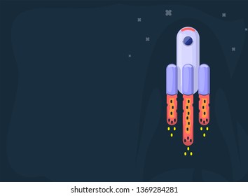 Rocket ship in a flat style. Space rocket launch with trendy flat style smoke clouds. Project start up and development process.Innovation product, creative idea. Management. Vector illustration. Flat 
