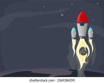 Rocket ship in a flat style. Space rocket launch with trendy flat style smoke clouds. Project start up and development process.Innovation product, creative idea. Management. Vector illustration. Flat 