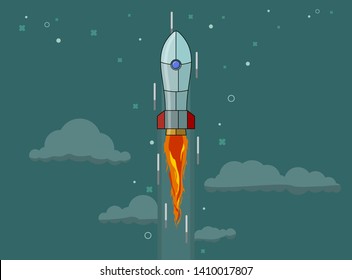 Rocket ship in a flat style. Space rocket launch with trendy flat style fluel. Project start up and development process.Innovation product, creative idea. Management. Vector illustration. Flat design.
