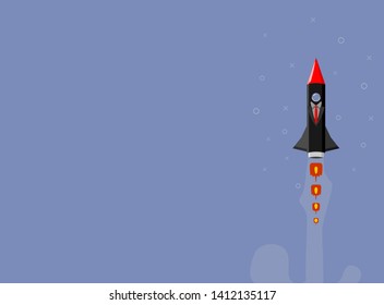 Rocket ship in a flat style. Space rocket launch with trendy flat style fluel. Project start up and development process.Innovation product, creative idea. Management. Vector illustration. Flat design.