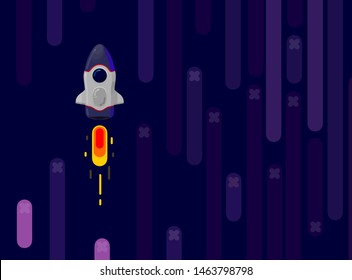 Rocket ship in a flat style. Space rocket launch with trendy flat style fluel. Project start up and development process.Innovation product, creative idea. Management. Vector illustration. Flat design.