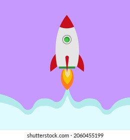 Rocket ship in a flat style. Space travel to the moon. Space rocket launch. Project start up and development process. 