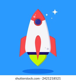 Rocket ship in flat style. Space travel to the Moon. Launch and flight of a space rocket. Project launch and development process. Innovative product, creative idea.