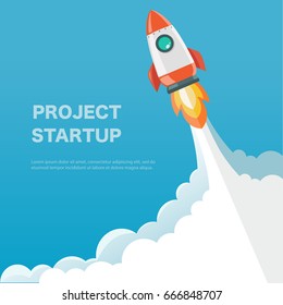 Rocket ship in a flat style. Space rocket launch. Project start up and development process.Innovation product,creative idea.Management. Vector illustration. Flat design.