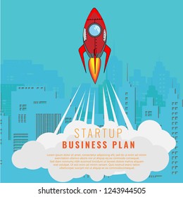 Rocket ship in a flat style. Vector illustration with 3d flying rocket. Space travel to the moon. Space rocket launch. Project start up and development process. Business startup banner. 