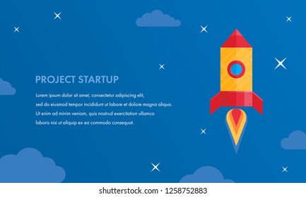 Rocket ship in a flat style. Vector illustration. Project start up and development process. Innovation product, creative idea. Management
