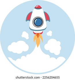 Rocket ship in a flat style. Vector illustration flying cartoon character rocket. Space travel to the moon launch. Project start up and development process. Innovation product, creative idea start up
