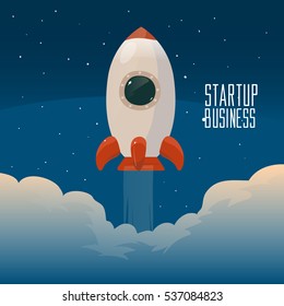 rocket ship in a flat style, vector illustration with flying rocket, space travel to the moon, project start up and development process, Innovation product, idea, success, business