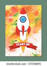 Rocket ship in a flat style. Vector illustration with 3d flying rocket.