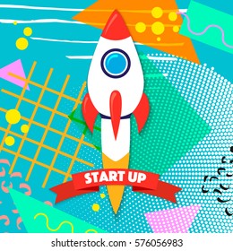 Rocket ship in a flat style. Vector illustration with 3d flying rocket on memphis style background. Project start up and development process. Innovation product,creative idea. Management.
