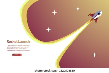 Rocket ship in a flat style.Vector illustration with 3d flying rocket.Space travel to the moon.Space rocket launch.Project start up and development process.Innovation product creative idea.Management.
