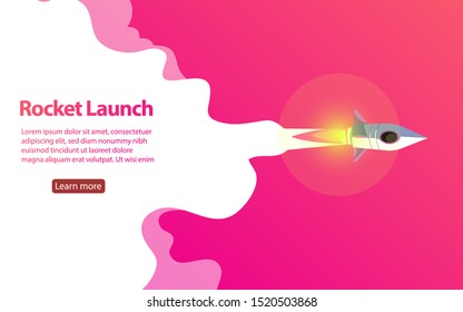 Rocket ship in a flat style.Vector illustration with 3d flying rocket.Space travel to the moon.Space rocket launch.Project start up and development process.Innovation product creative idea.Management.