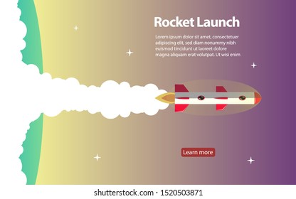Rocket ship in a flat style.Vector illustration with 3d flying rocket.Space travel to the moon.Space rocket launch.Project start up and development process.Innovation product creative idea.Management.