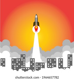 Rocket ship in a flat style.Vector illustration with 3d flying rocket.Space rocket launch.Project start up and development process.Innovation product,creative idea.Management.