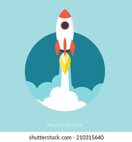 Rocket ship in a flat style.Vector illustration with 3d flying rocket.Space travel to the moon.Space rocket launch.Project start up and development process.Innovation product,creative idea.Management.