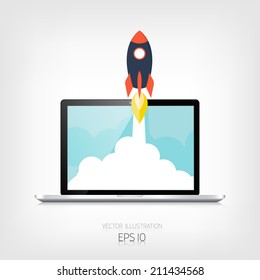 Rocket ship in a flat style.Vector illustration with 3d flying rocket.Space travel to the moon.Space rocket launch.Project start up and development process.Innovation product,creative idea.Laptop